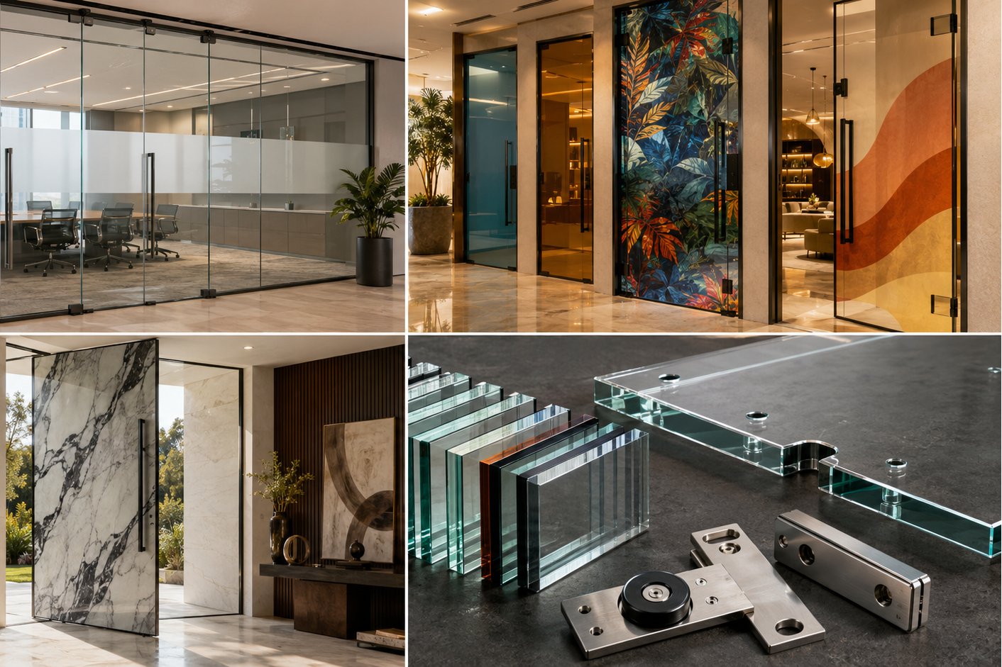 Collage of glass partition systems in various settings