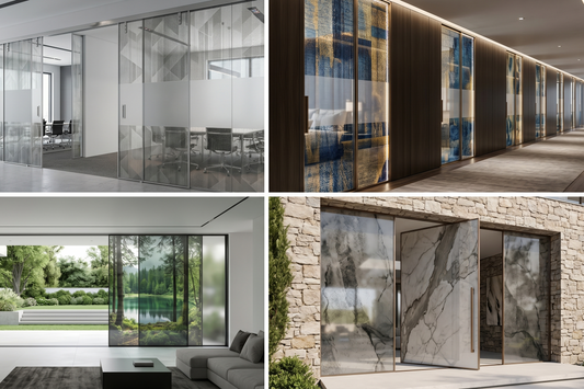 Collage of modern glass doors in various settings, including indoor and outdoor scenes.