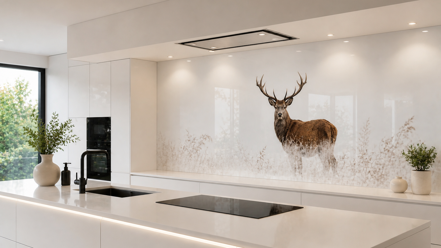 Modern kitchen with a deer-themed backsplash