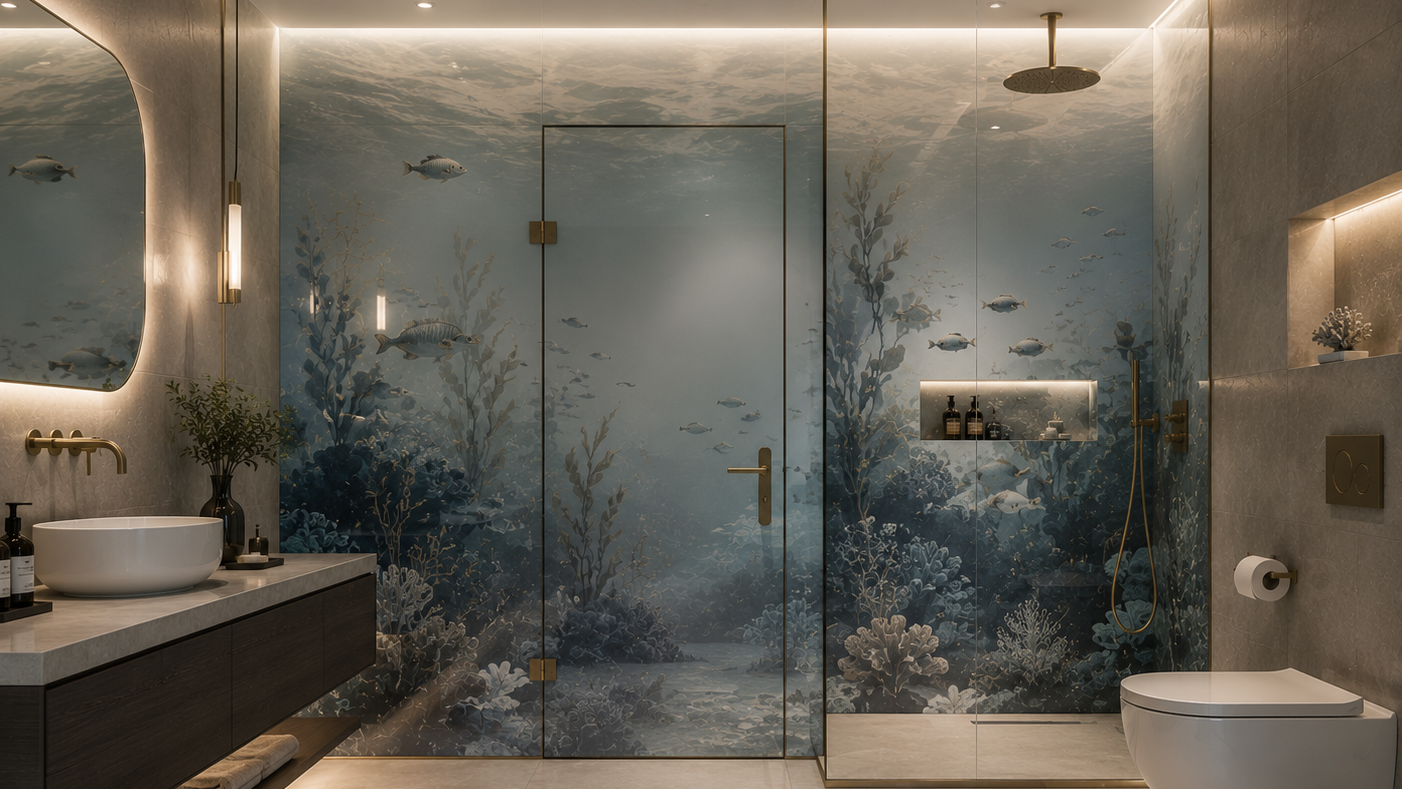 A modern bathroom featuring a large glass shower door and walls with an underwater ocean mural, complete with a glass shower enclosure, vessel sink, and wall-mounted toilet.