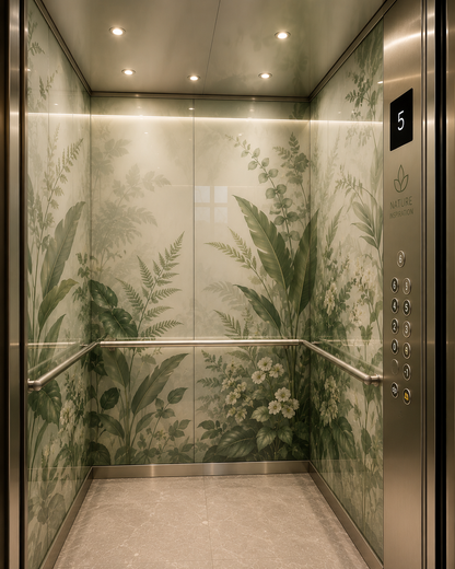 An interior view of a modern elevator cabin with botanical wallpaper panels featuring green tropical leaves and white flowers, a brushed stainless steel control panel on the right, a handrail, and a marble-look floor.