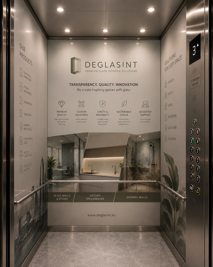 An interior view of an elevator cabin with a large wall display for Deglasint premium glass interior solutions. The metallic elevator walls and floor surround a printed panel showing glass wall and kitchen splashwall designs, with the Deglasint logo and product information prominently visible.
