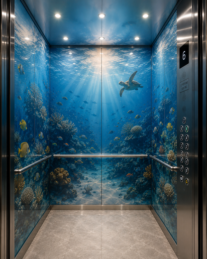 An elevator interior with walls covered in a vivid underwater mural showing blue ocean water, coral reefs, fish, and a sea turtle. Stainless steel elevator doors and panel are visible on the right side.