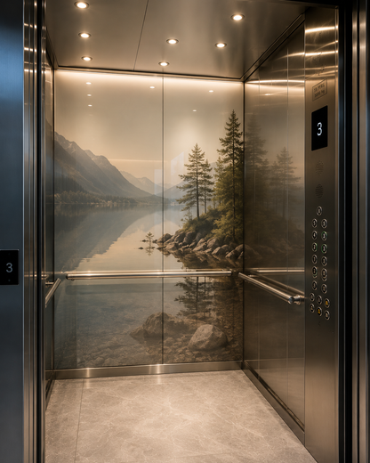 A luxury stainless steel elevator interior with a large scenic wall mural depicting a mountain lake and pine trees, illuminated by warm ceiling lights.