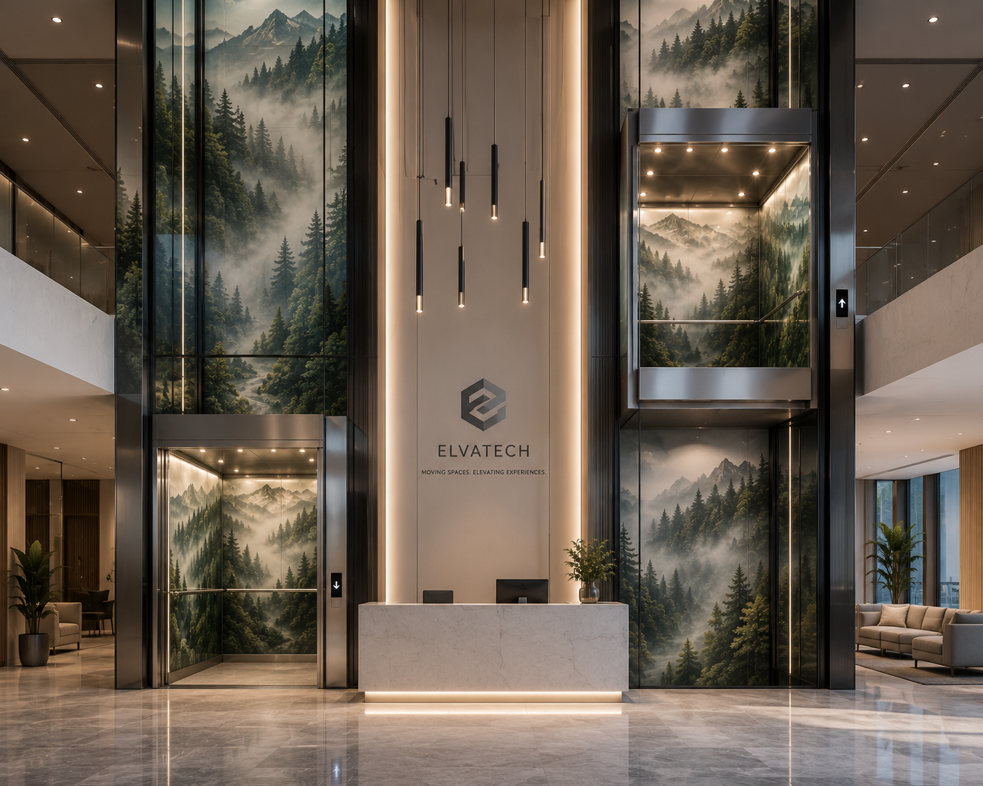 A modern lobby interior with two elevators framed by large wall panels showing misty mountain and pine forest scenery. A central reception desk is visible, along with hanging pendant lights, recessed ceiling lighting, and a branded wall sign reading ELVATECH.