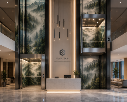 A modern lobby interior with two elevators framed by large wall panels showing misty mountain and pine forest scenery. A central reception desk is visible, along with hanging pendant lights, recessed ceiling lighting, and a branded wall sign reading ELVATECH.