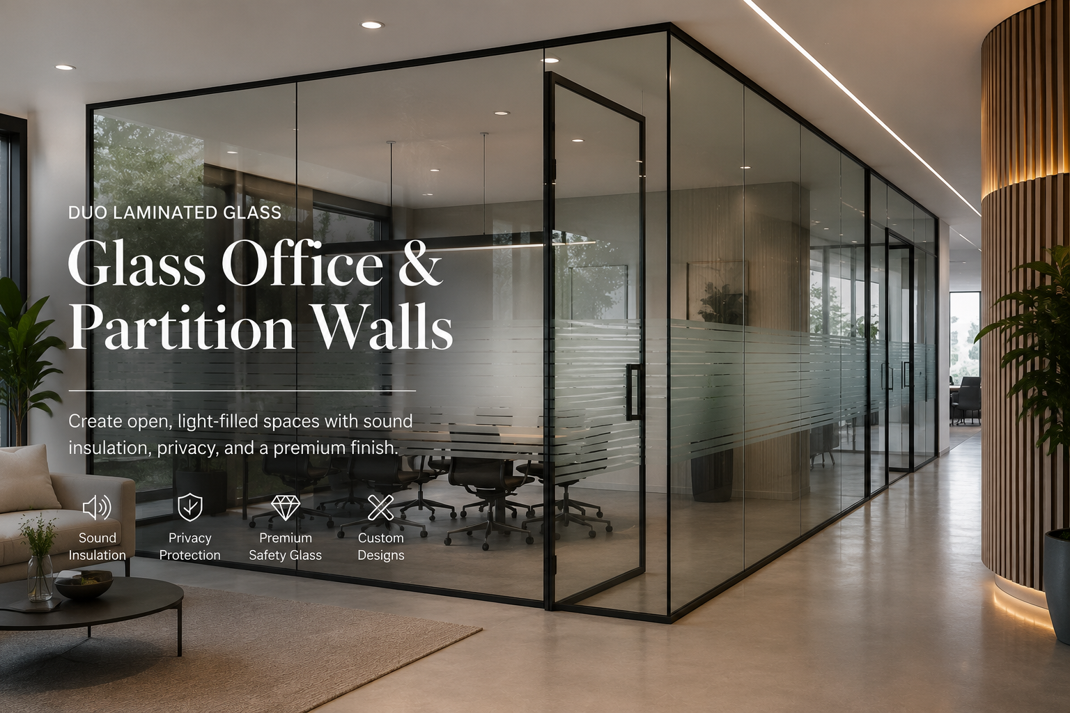 Modern glass office partition walls with black metal frames in a contemporary office interior, with large overlaid text reading 'Duo Laminated Glass Glass Office & Partition Walls' and feature icons below.