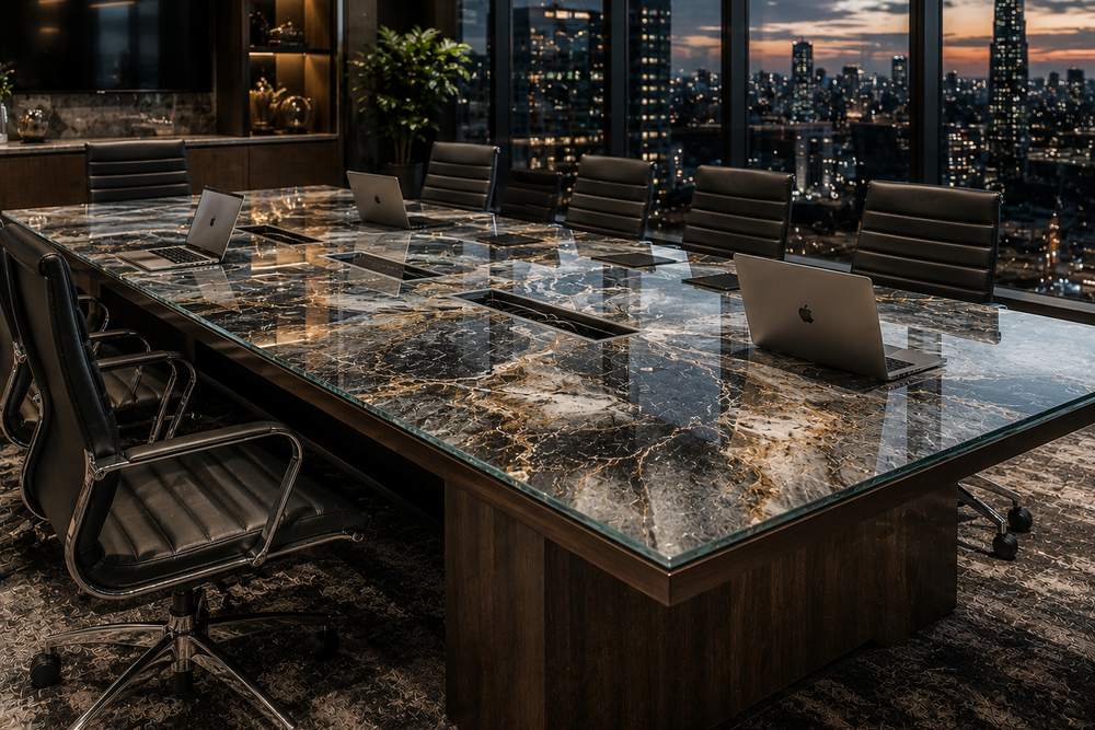 Modern conference room with marble table and cityscape view