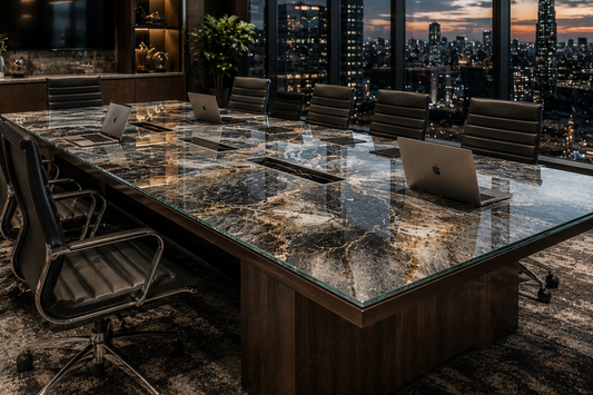 Modern conference room with marble table and cityscape view