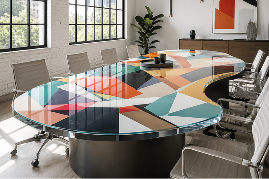 Modern conference room with a colorful geometric-patterned table and office chairs.