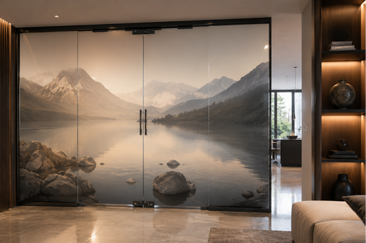 Modern interior with a large glass door featuring a mountain and lake scene.