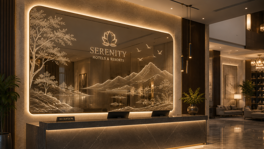 A modern hotel lobby reception desk with a large backlit wall display showing a scenic mountain and lake engraving. The display reads 'SERENITY HOTELS & RESORTS' with a lotus logo.