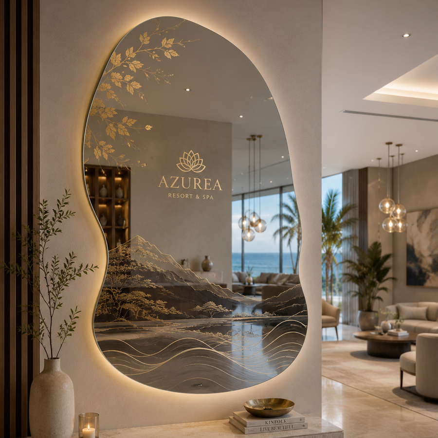 An organic-shaped wall mirror with warm white backlighting and an etched scenic print of mountains, water, and gold floral details. The mirror is mounted on a marble-topped console in a luxurious spa lobby, with the 'AZUREA SPA & SPA' logo visible in the reflection.