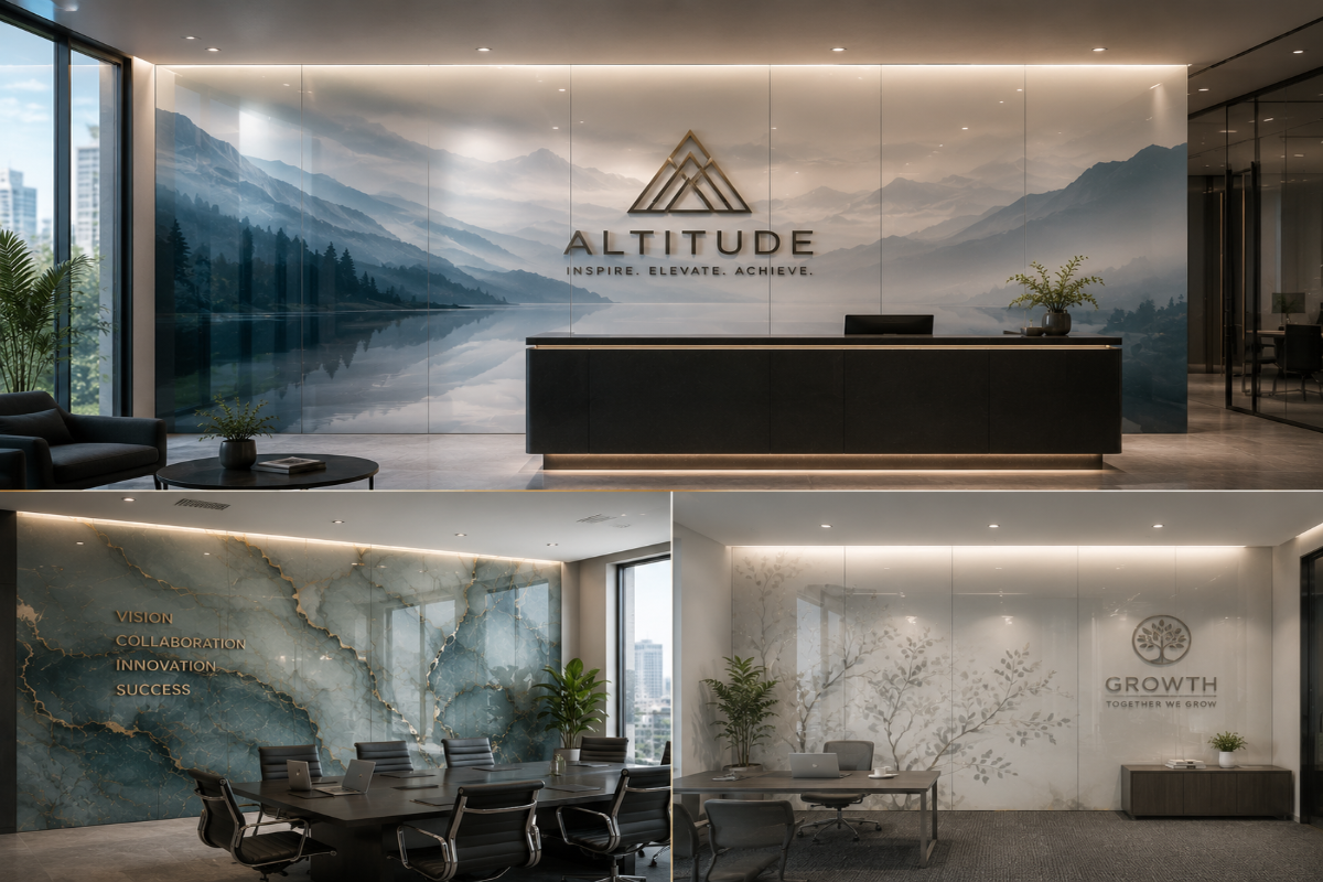 A modern office interior collage showing a reception area with a large mountain-and-lake mural behind a black desk, a meeting room with a dark conference table and chairs, and a white wall with botanical artwork and the words GROWTH.