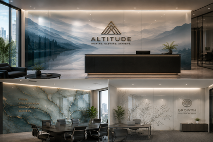 A modern office interior collage showing a reception area with a large mountain-and-lake mural behind a black desk, a meeting room with a dark conference table and chairs, and a white wall with botanical artwork and the words GROWTH.