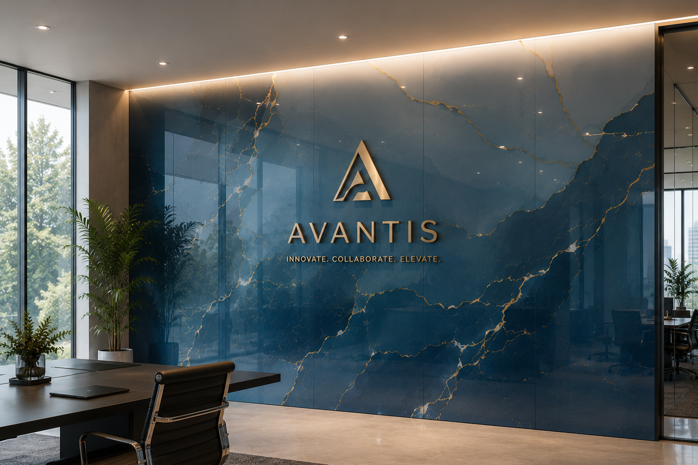 A modern office lobby with a large blue marble wall featuring the gold Avantis logo and name. A dark desk, black office chair, potted plants, and floor-to-ceiling windows are visible in the room.