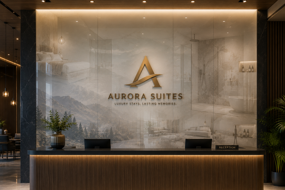 A modern luxury lobby reception desk with a large backlit glass wall featuring the Aurora Suites logo and scenic artwork. The reception counter has warm wood paneling and integrated LED lighting, with plants placed on either side.