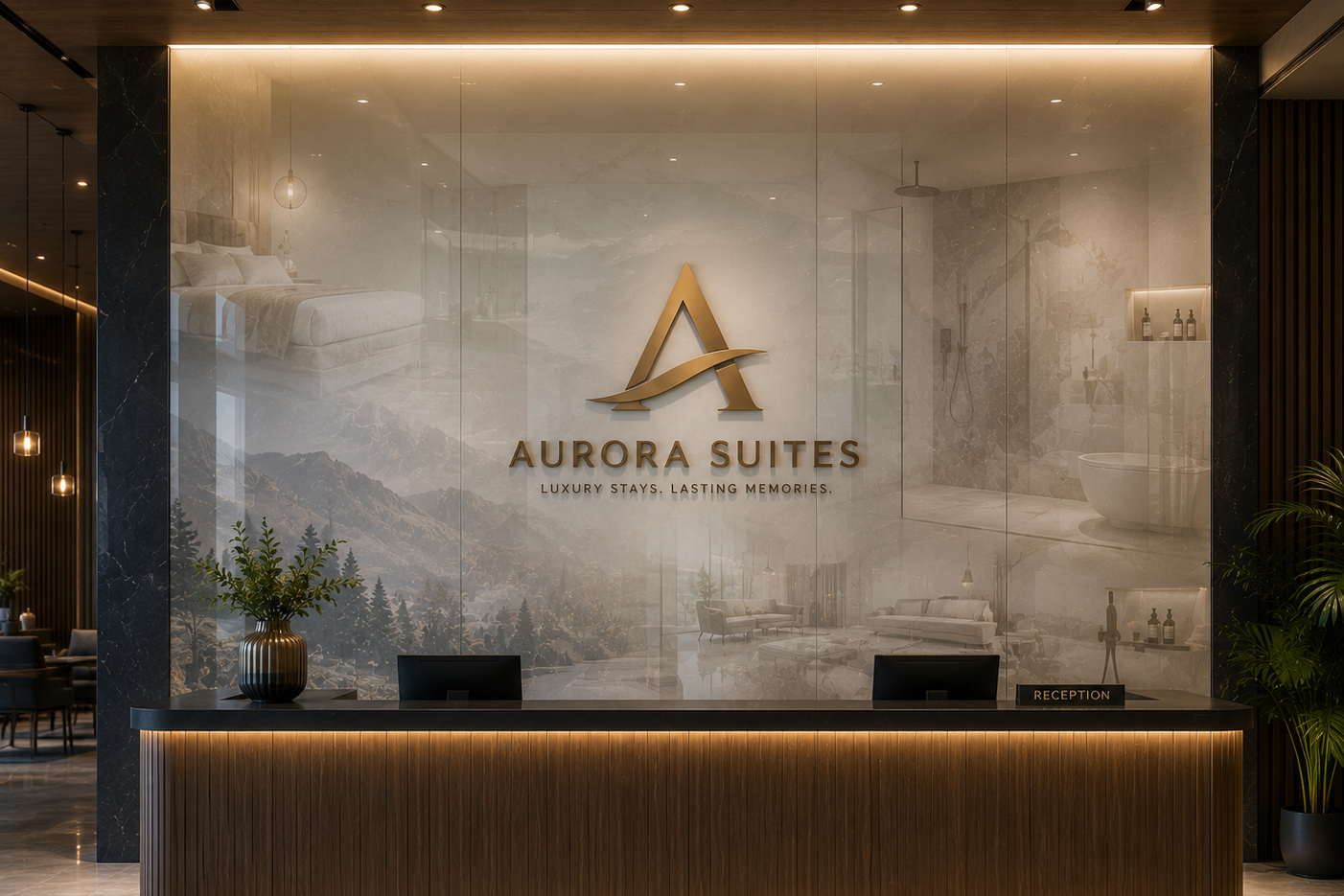A modern luxury lobby reception desk with a large backlit glass wall featuring the Aurora Suites logo and scenic artwork. The reception counter has warm wood paneling and integrated LED lighting, with plants placed on either side.
