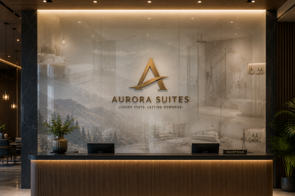 A modern luxury lobby reception desk with a large backlit glass wall featuring the Aurora Suites logo and scenic artwork. The reception counter has warm wood paneling and integrated LED lighting, with plants placed on either side.