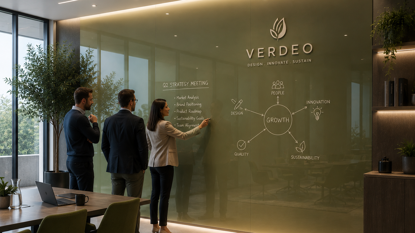 Three people stand in a modern office room in front of a large frosted glass wall with the brand name VERDEO and a white diagram on it. The room has warm ambient lighting, a meeting table, chairs, and plants.