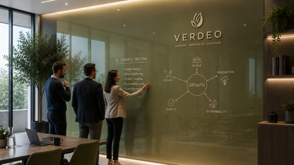 Three people stand in a modern office room in front of a large frosted glass wall with the brand name VERDEO and a white diagram on it. The room has warm ambient lighting, a meeting table, chairs, and plants.