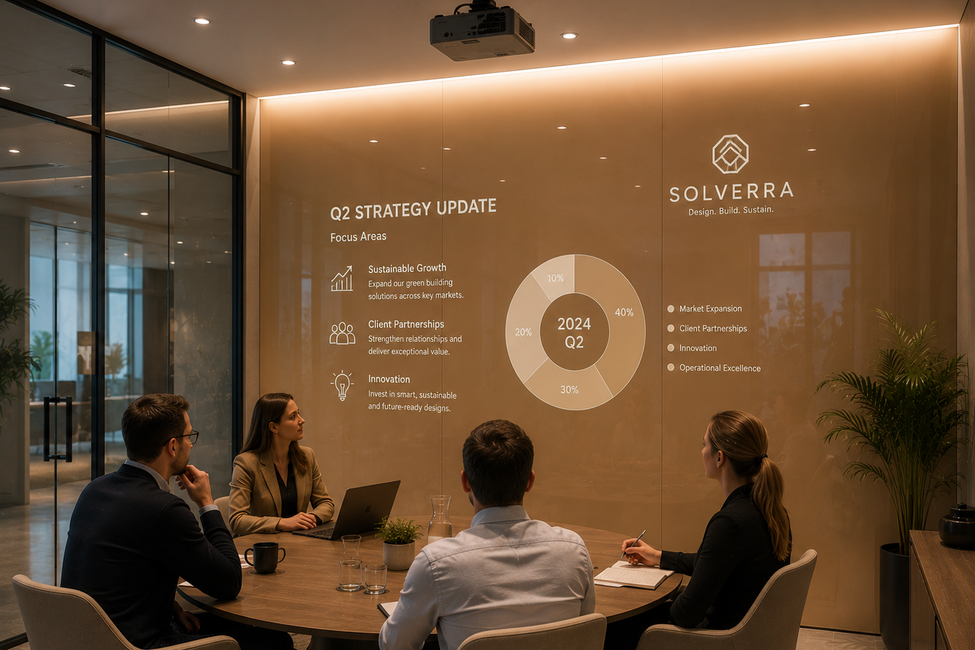 A group of four business professionals sits around a wooden conference table in a modern office, facing a large illuminated wall display with the Solverra logo and Q2 strategy update charts.
