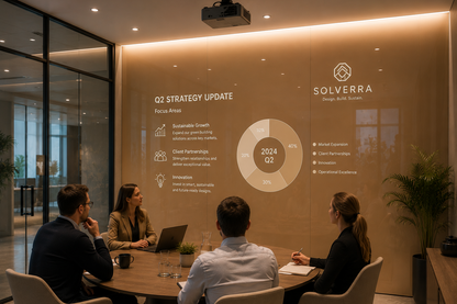 A group of four business professionals sits around a wooden conference table in a modern office, facing a large illuminated wall display with the Solverra logo and Q2 strategy update charts.