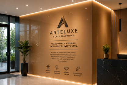 A modern office lobby with a large warm beige wall featuring the 'ARTELUXE GLASS SOLUTIONS' logo and text. The lobby has a black marble reception desk on the right, potted plants, and a glass door on the left.