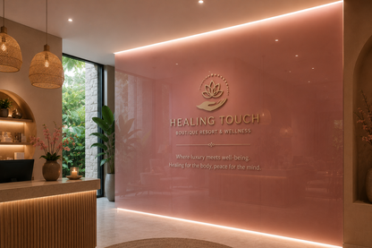 A modern boutique resort lobby with a large pink illuminated wall featuring the logo and name 'HEALING TOUCH BOUTIQUE RESORT & WILDERNESS.' A reception desk, woven pendant lights, plants, and a round woven rug are visible in a warm, upscale interior.
