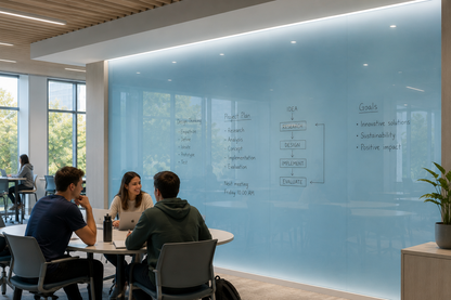 A modern office meeting space with three people seated around a round table in front of a large frosted glass wall. The wall has faint white writing and a diagram, with bright windows, ceiling lights, and a small plant visible.