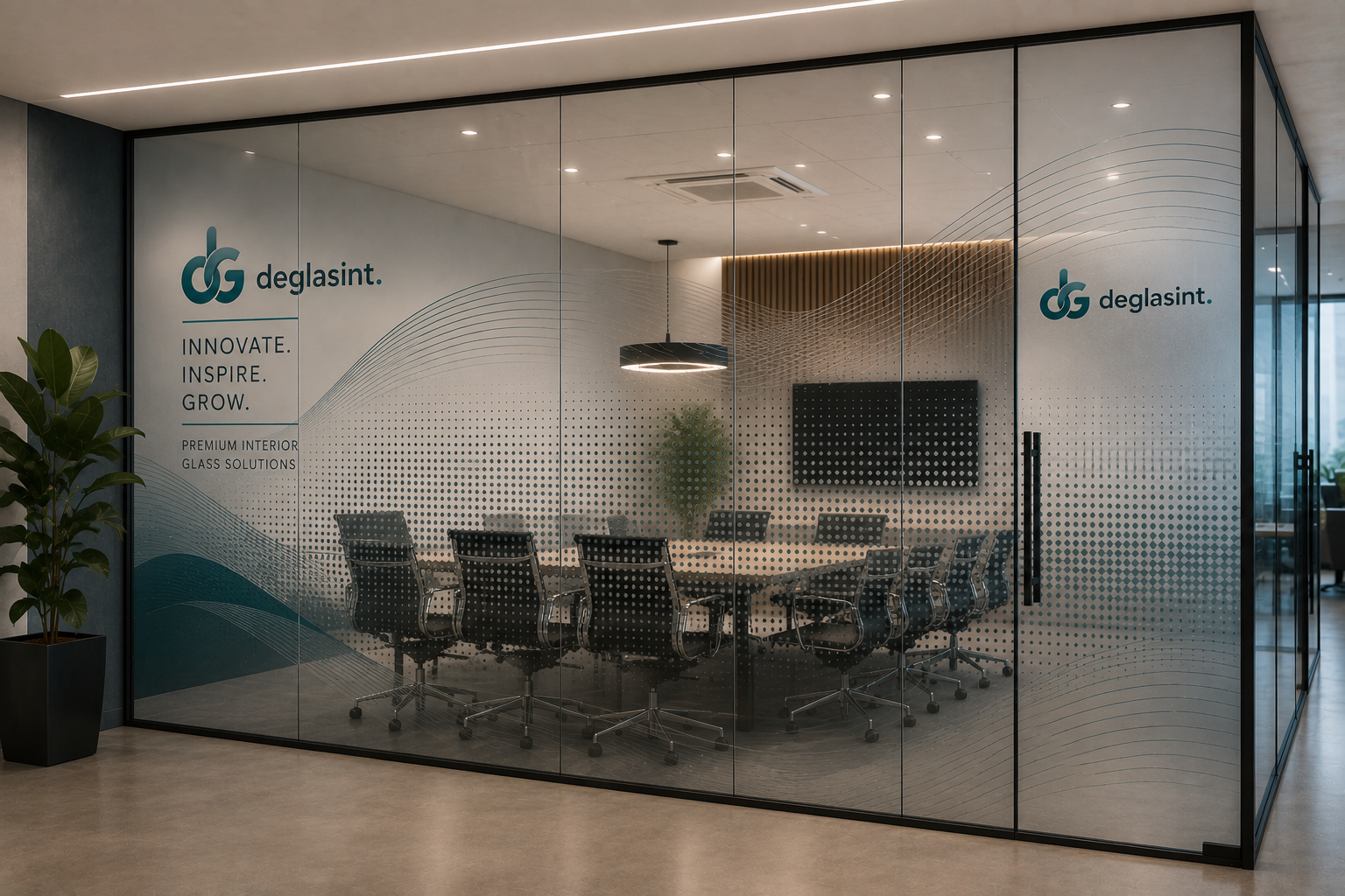 Modern glass office meeting room enclosure with frosted patterned panels, black metal frames, and visible interior furniture including a conference table and chairs. The glass is branded with the deglasint logo and text.