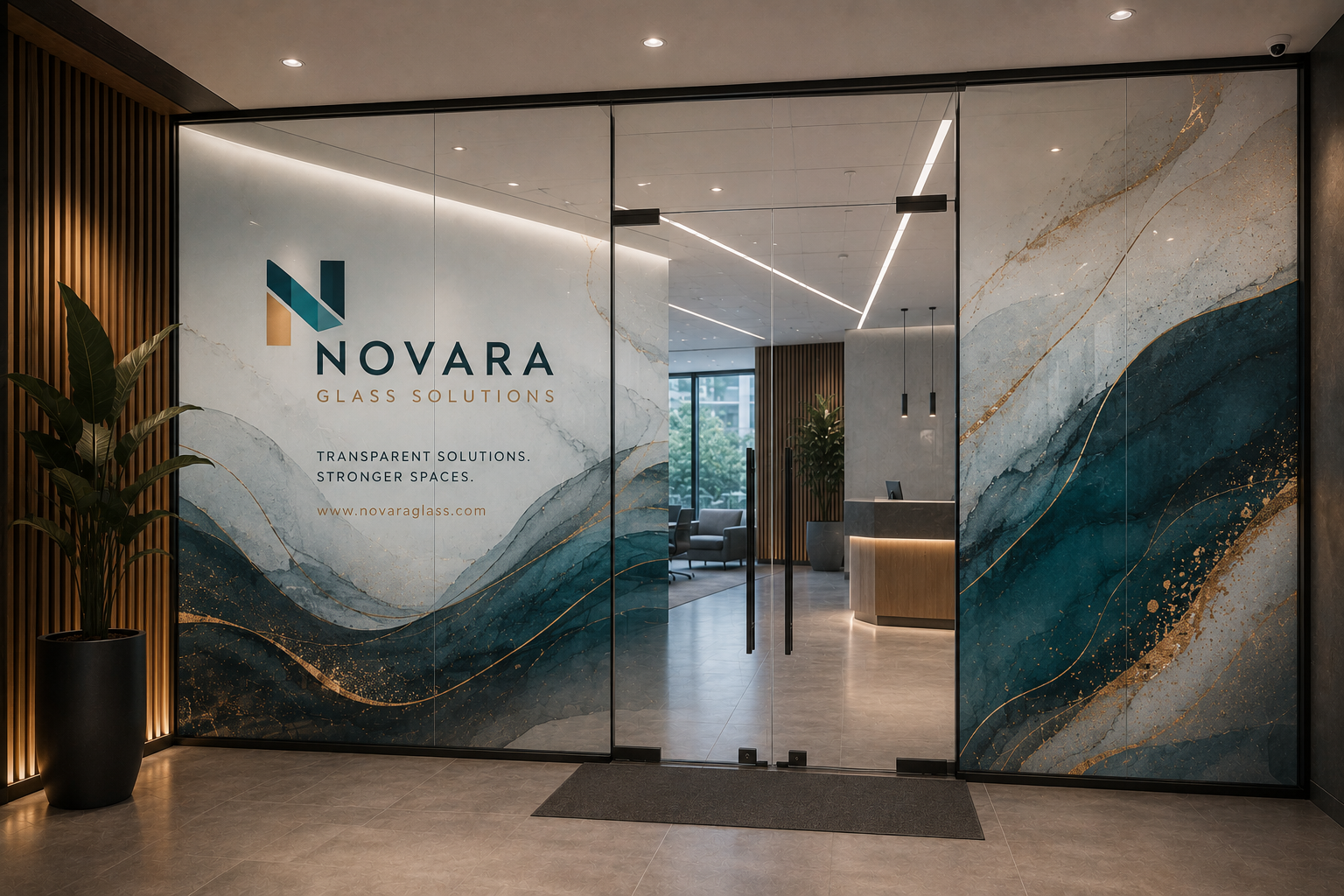 Modern glass entryway doors with large decorative panels featuring an abstract blue, teal, white, and gold marbled design. The left panel displays the Novara Glass Solutions logo and branding.