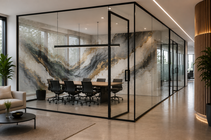 A modern glass conference room with black metal framing, featuring a large abstract marble-patterned wall, a long wooden table, and black office chairs. The room is set in a bright, contemporary office with a beige sofa and coffee table in the foreground.