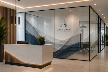 Modern office lobby with a white reception desk, glass partition walls, and a large Aurora logo on the back wall. The design features abstract wavy patterns in blue and gray on the glass panels, with warm ambient lighting and a wood slat accent wall on the left.