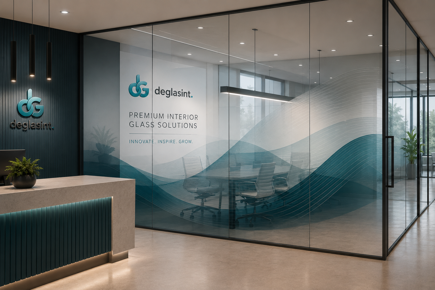 Modern office interior with a glass partition wall featuring a frosted decorative graphic in teal and white. The wall displays the Deglasint logo and the text 'PREMIUM INTERIOR GLASS SOLUTIONS'.