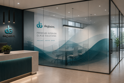 Modern office interior with a glass partition wall featuring a frosted decorative graphic in teal and white. The wall displays the Deglasint logo and the text 'PREMIUM INTERIOR GLASS SOLUTIONS'.
