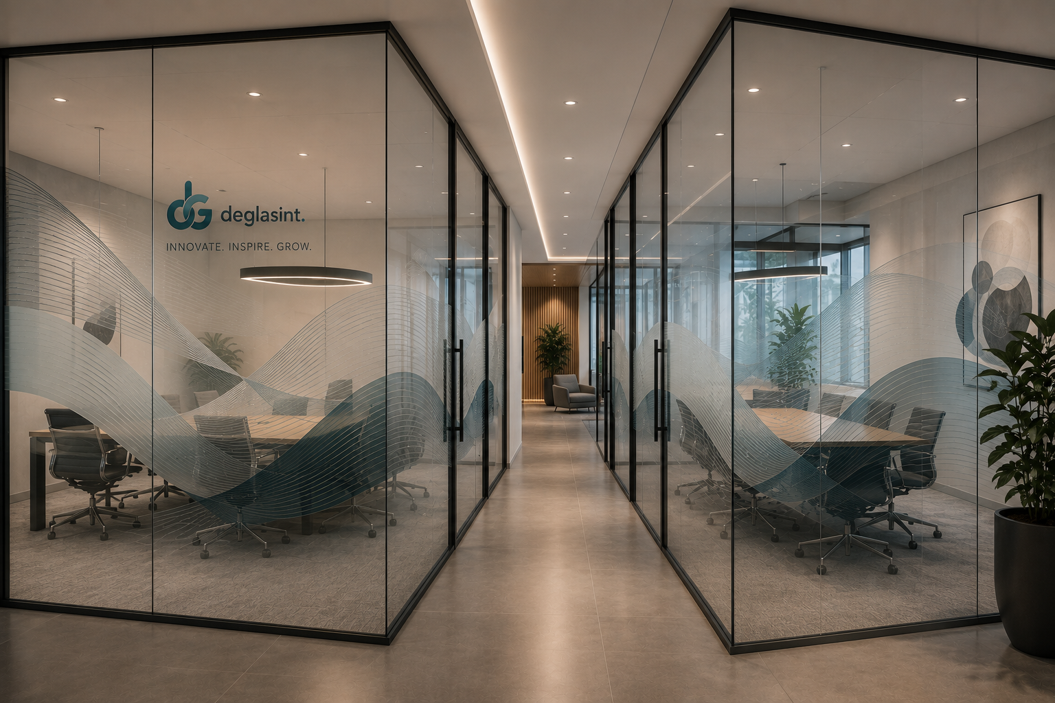 Modern office interior with two glass-walled meeting rooms separated by a central corridor. The rooms have black metal frames, frosted glass panels with abstract wave patterns, and visible conference tables, chairs, and plants.