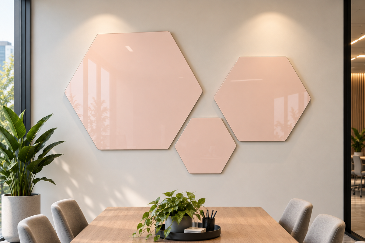 Three blush pink hexagonal wall art panels mounted on a light beige wall in a modern dining room setting with a wooden table and gray chairs.