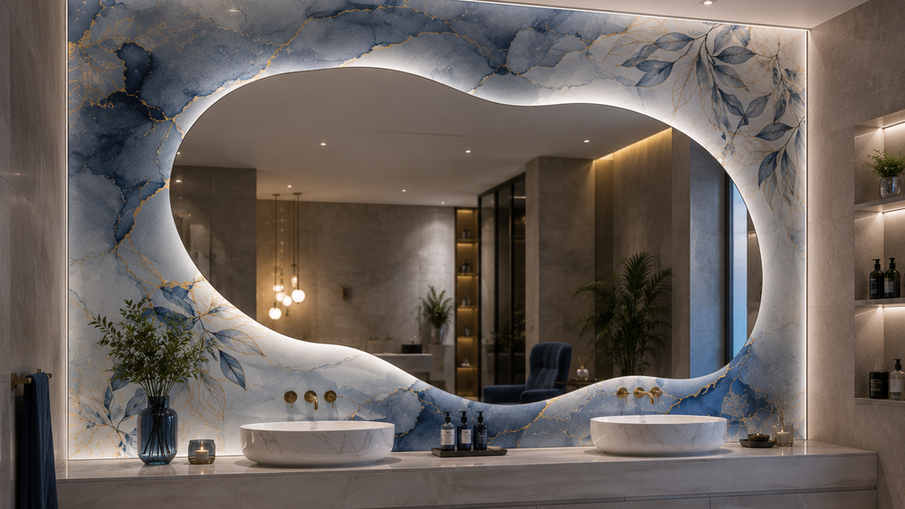 A luxury modern bathroom featuring a large organic-shaped wall mirror with a blue and white marble leaf pattern border, set above a double vessel sink vanity with warm under-lighting.