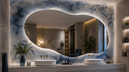 A luxury modern bathroom featuring a large organic-shaped wall mirror with a blue and white marble leaf pattern border, set above a double vessel sink vanity with warm under-lighting.