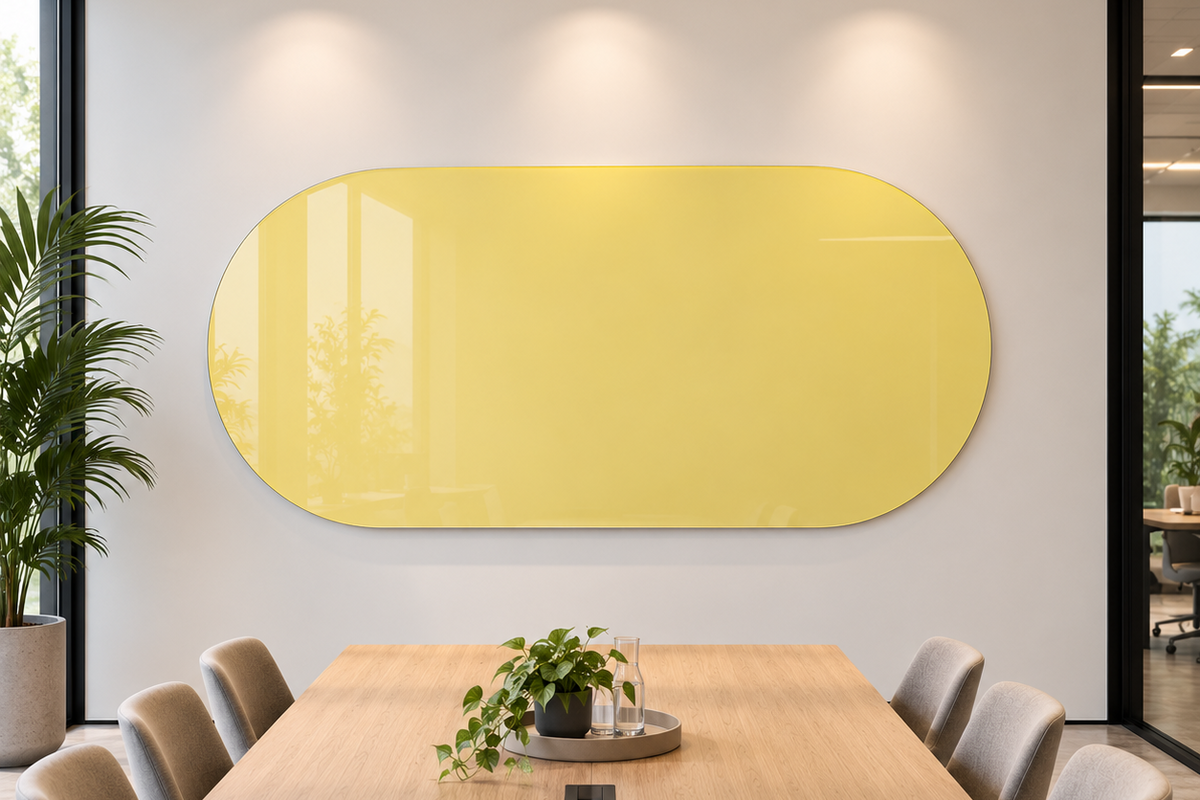 A large, glossy yellow oval wall art piece hangs on a white wall above a modern wooden conference table and gray chairs in a bright office setting.